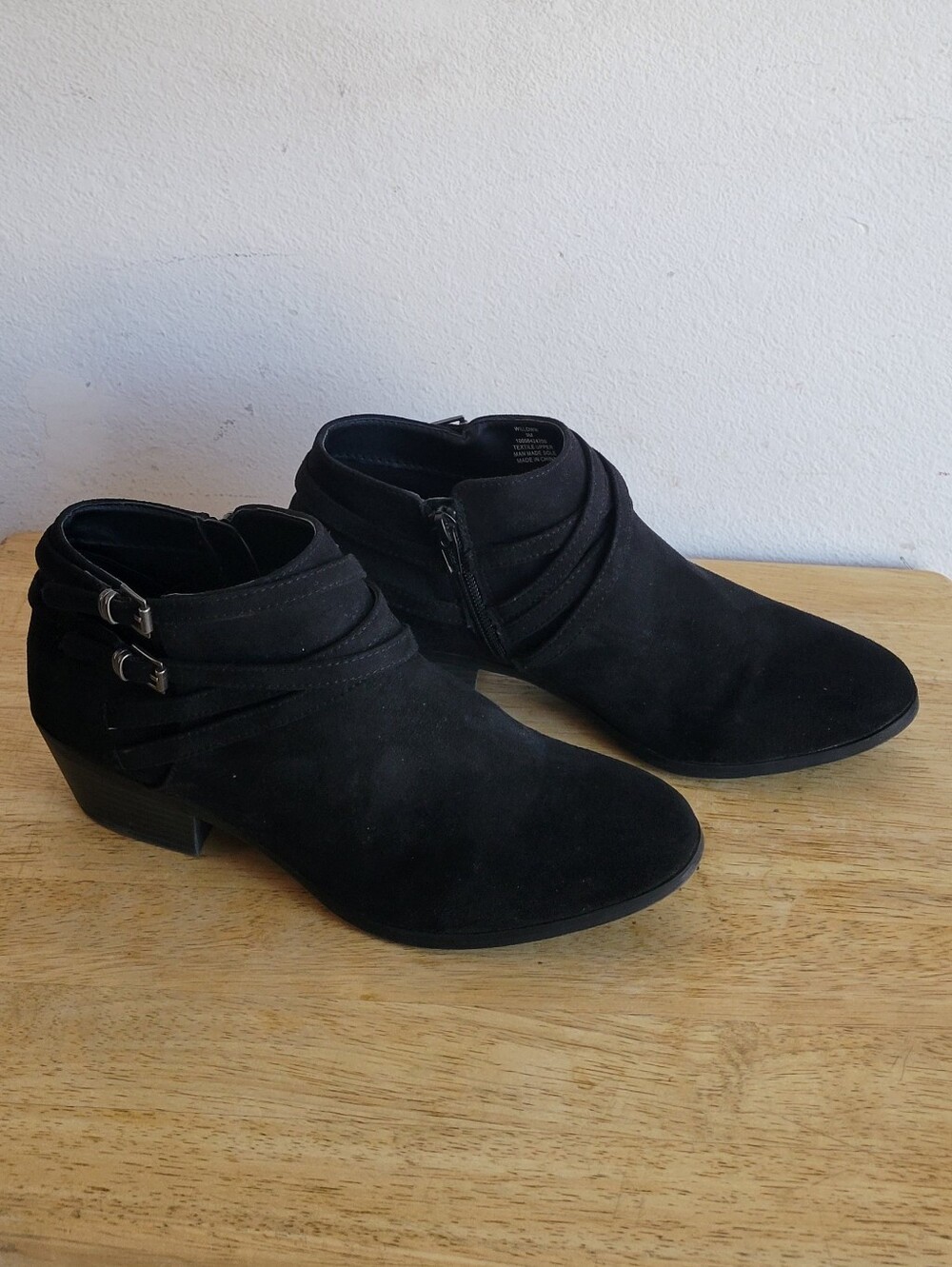 Willoww  Black Suede Ankle Booties with Side Buckle Straps
